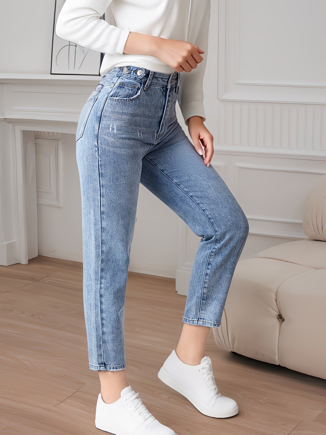 Nore | Effen Gewassen Blauwe Hoge Taille Jeans