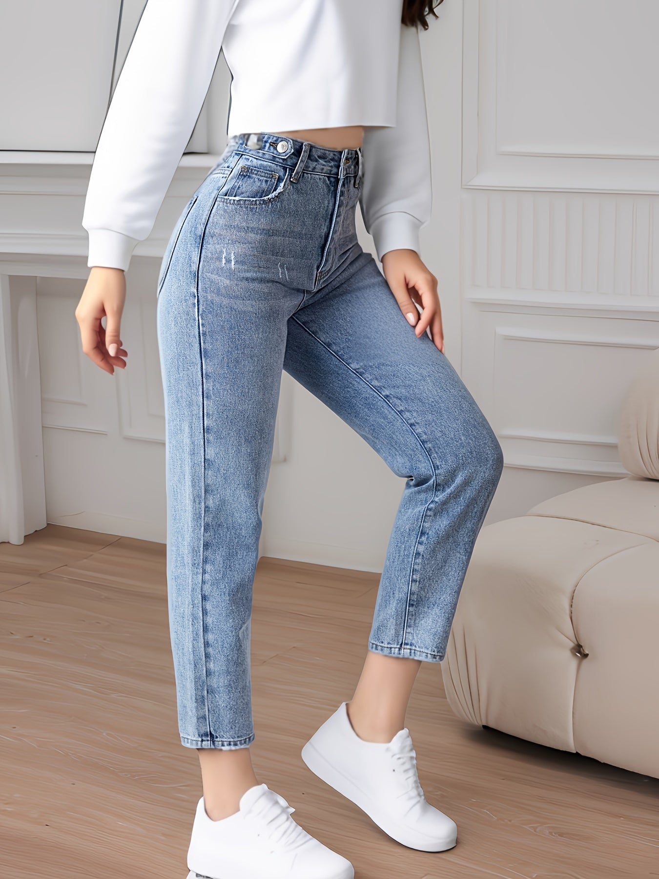 Nore | Effen Gewassen Blauwe Hoge Taille Jeans